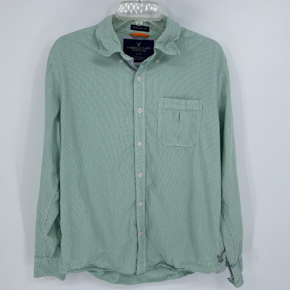 American Eagle Outfitters Men's Green Striped Long Sleeve Button Up Shirt Size L